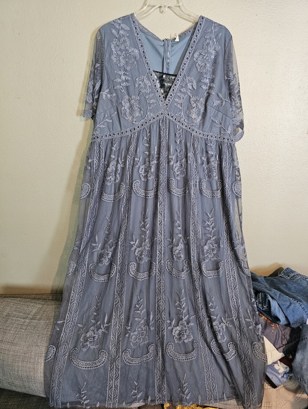 Women's Maternity 3x Embroidered V-Neck Maxi Dress in Dusty Blue